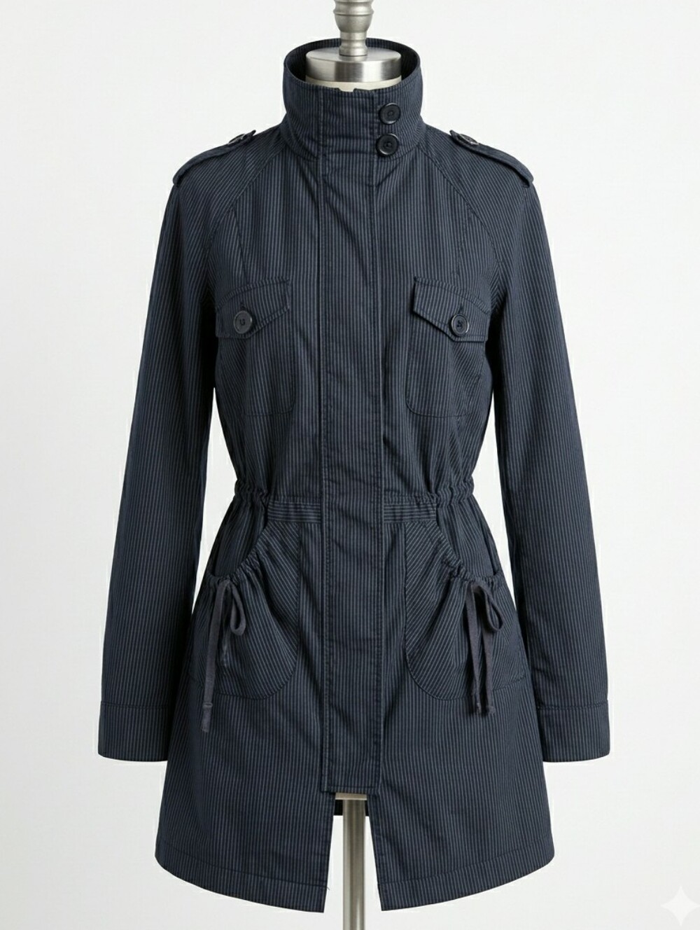 XHILARATION Pinstripe Longline Trench Coat Black Funnel Neck Utility Jacket S